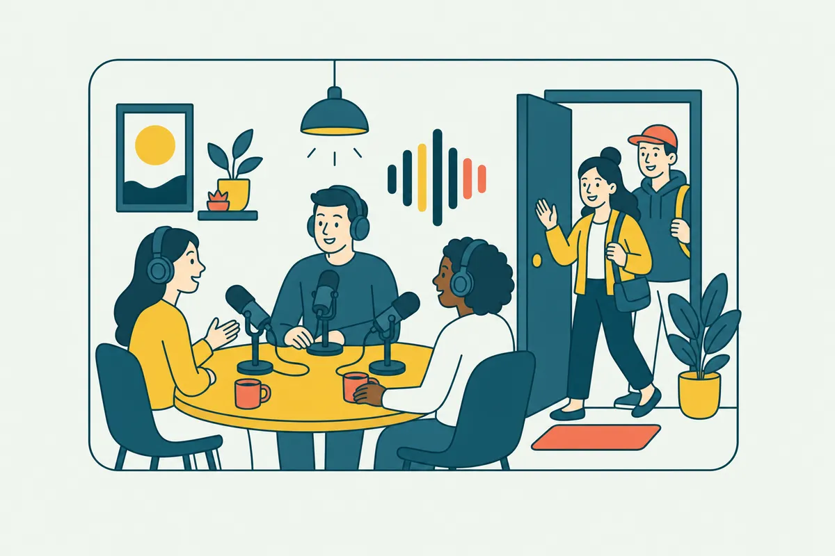 Ilustração: Visitantes em sala do Clubhouse